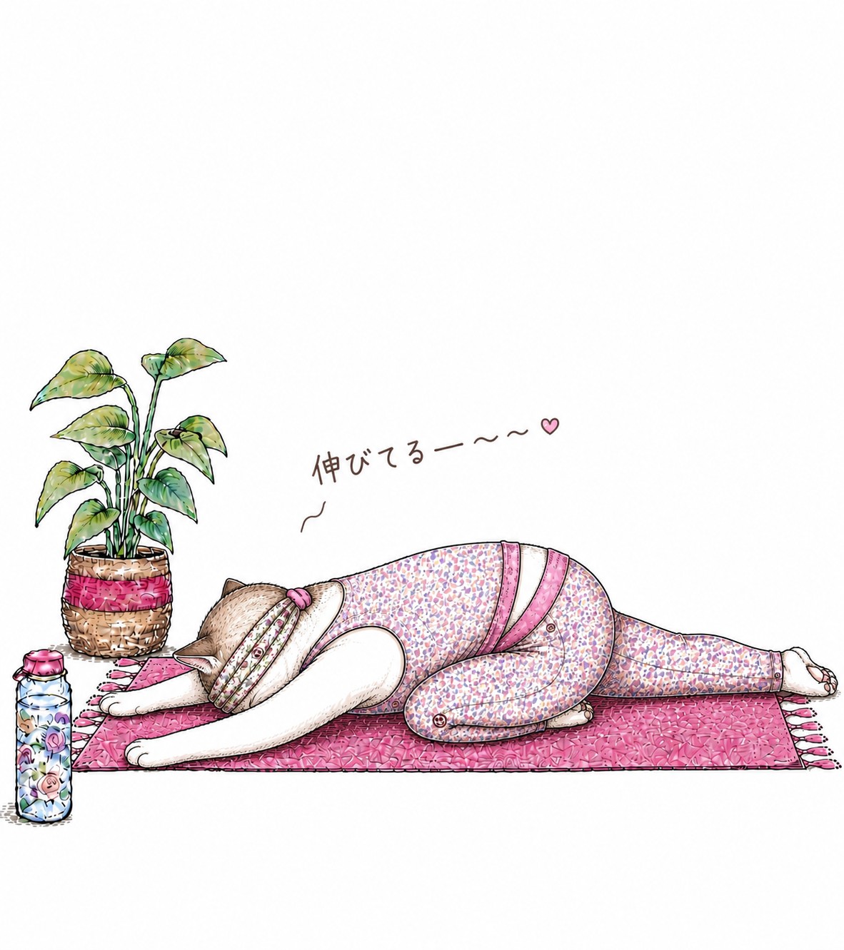 鳩のポーズで前に倒れる白い猫「伸びてる〜♡」