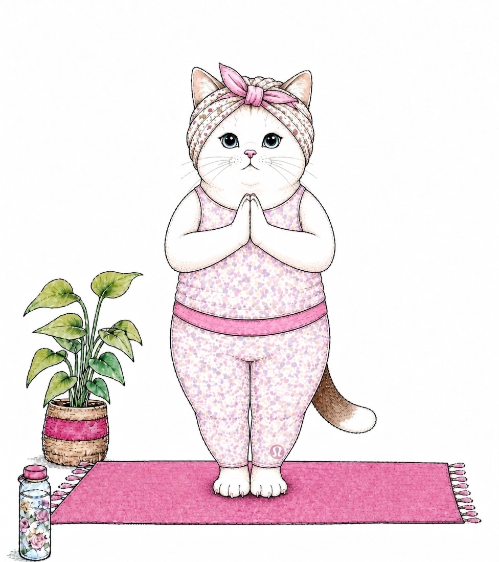 山のポーズで合掌して立つ白い猫