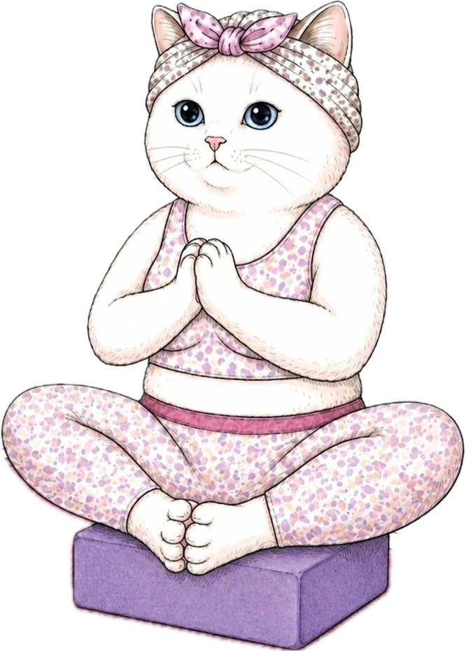 ヨガブロックに座って合掌する白い猫