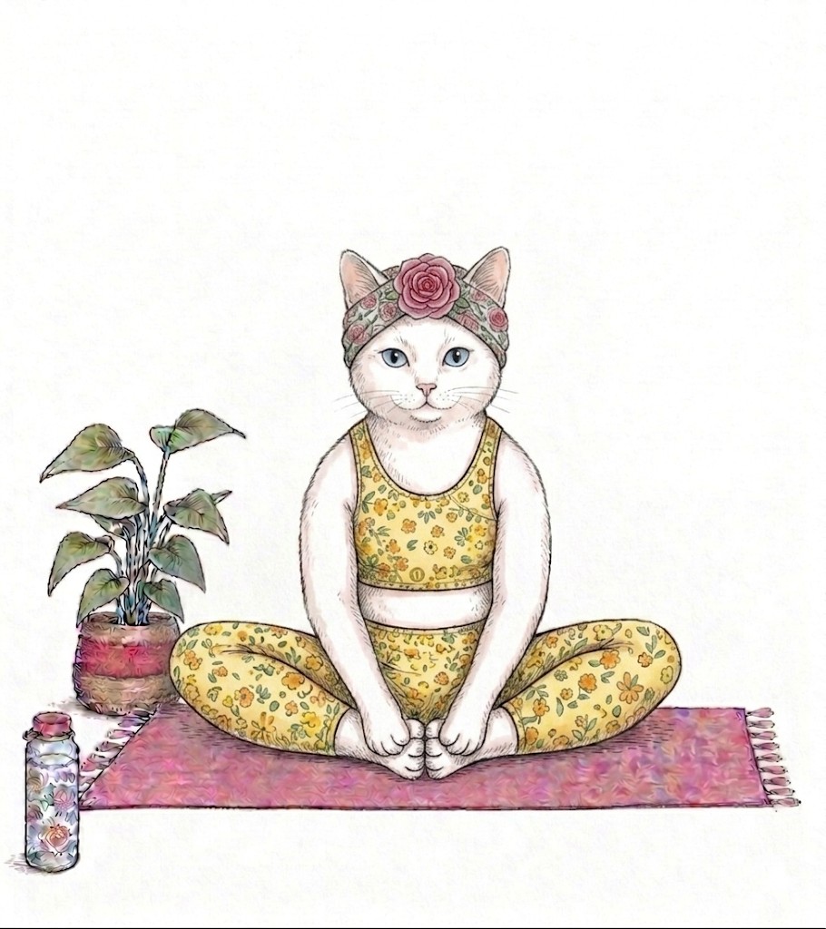 合せきのポーズをする白い猫のイラスト