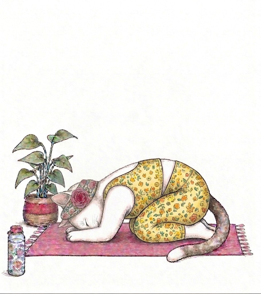 チャイルドポーズをする白い猫のイラスト