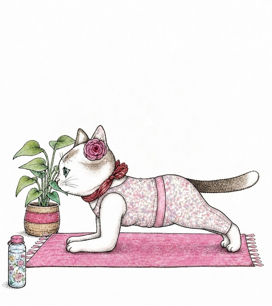 プランクポーズをする白い猫のイラスト