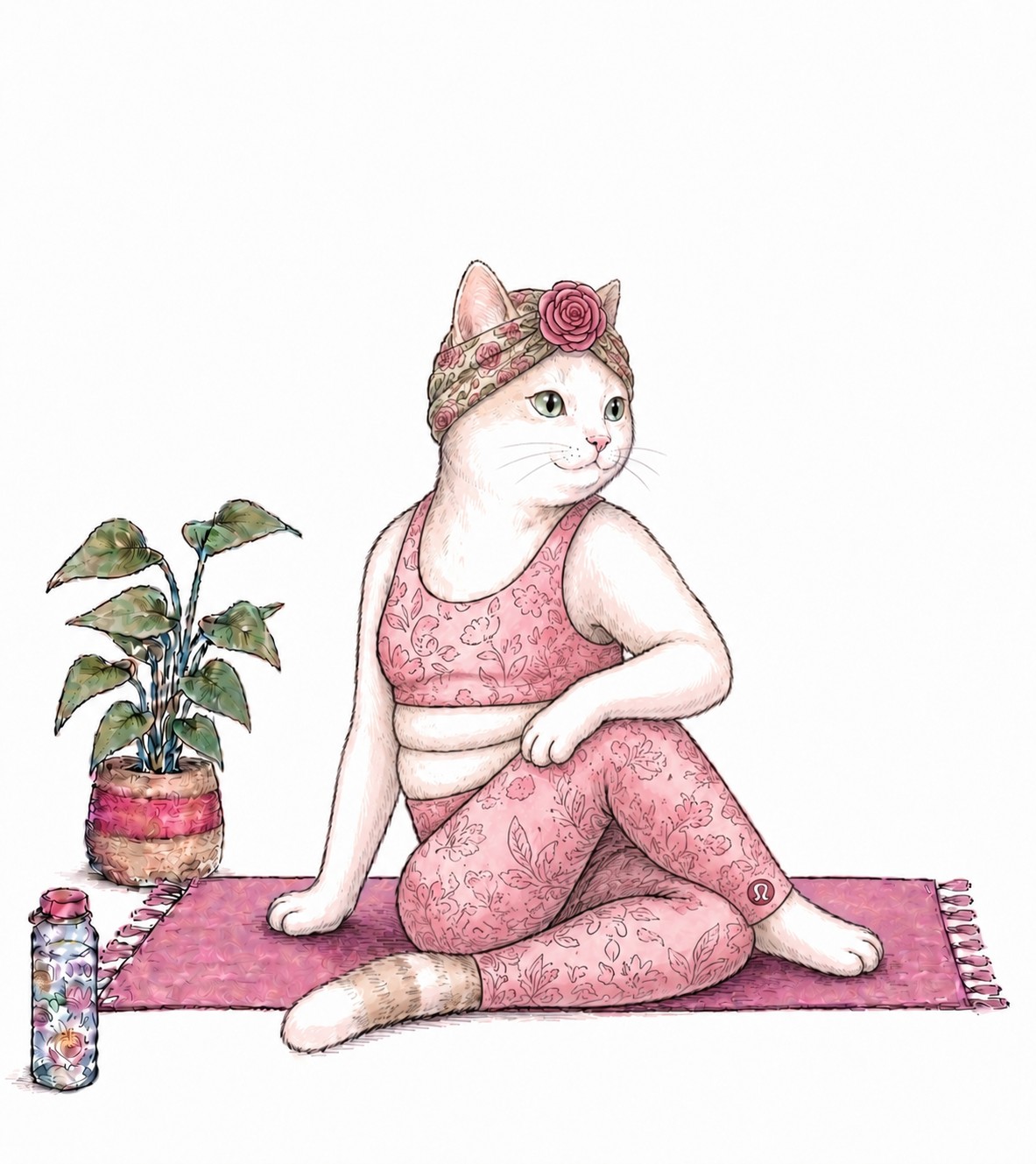 ねじりのポーズをする白い猫のイラスト