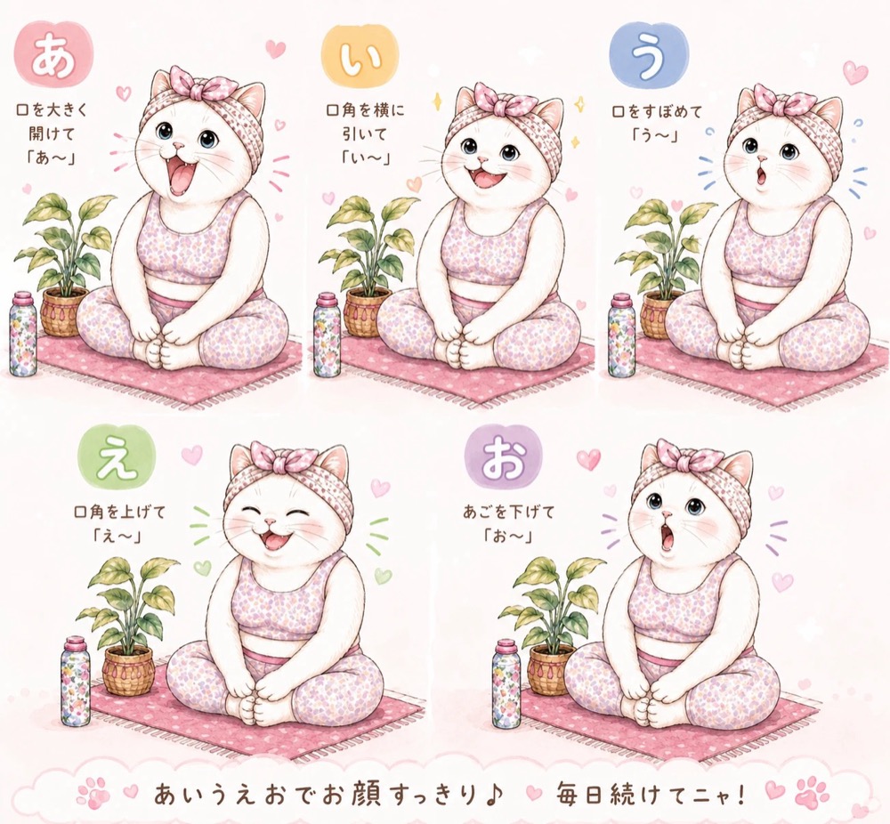 あいうえお体操の5つの口の形を実演する白い猫の図解