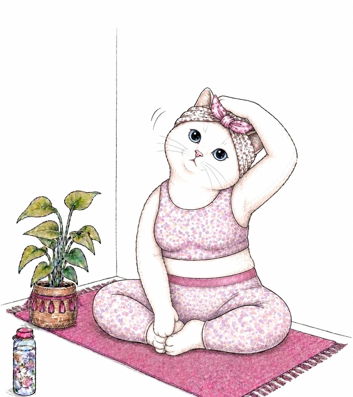 首を横に倒してストレッチする白い猫
