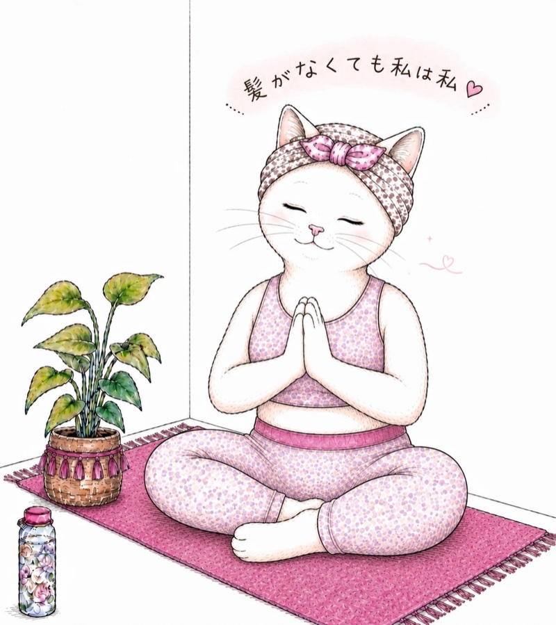 ナマステのポーズで穏やかに微笑む白い猫。髪がなくても私は私