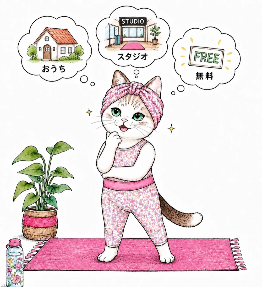 おうち・スタジオ・無料のヨガを比べて考える猫のイラスト