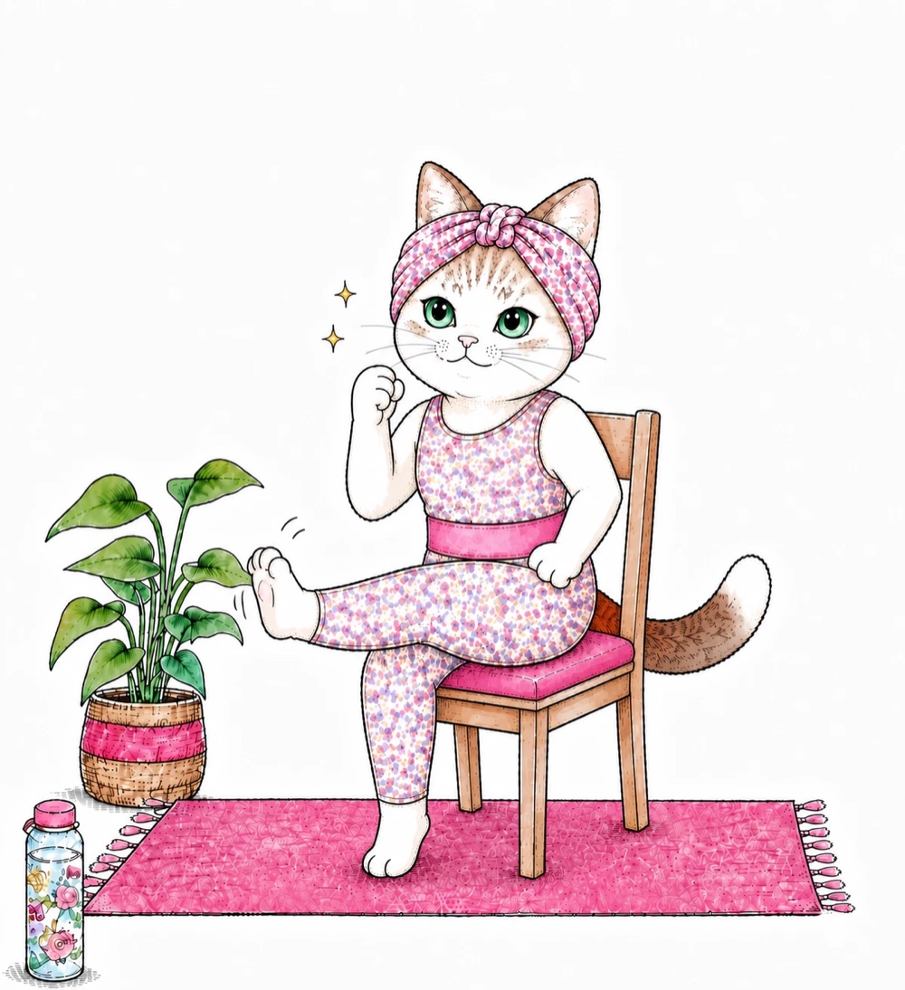 椅子に座って脚を伸ばす膝トレをする猫のイラスト