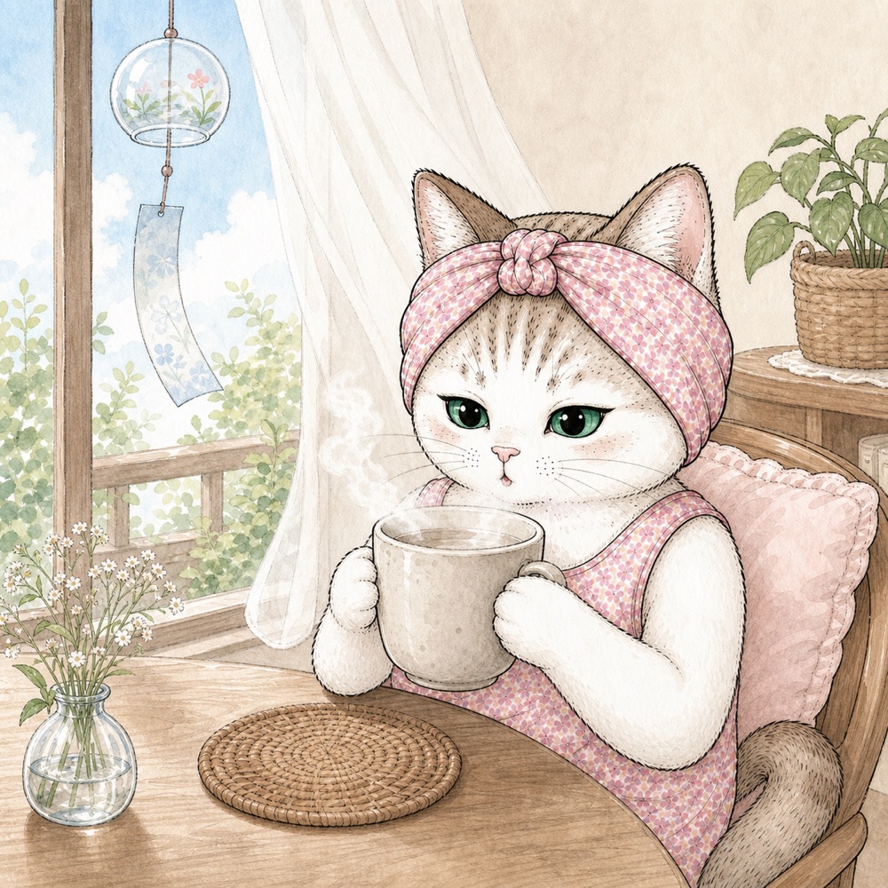 夏の朝に白湯を飲む猫のイラスト・冷やしすぎない夏養生