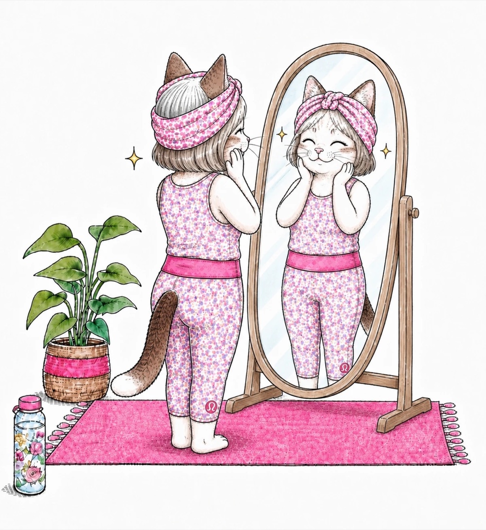 鏡を見て微笑む白髪まじりの猫のイラスト・白髪と前向きに付き合う