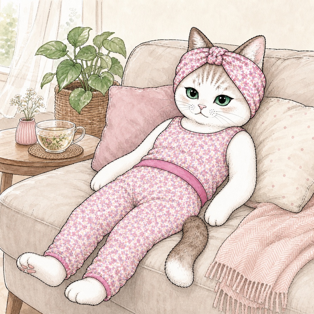 ソファでゆったり休む猫のイラスト・休むのもメンテナンス